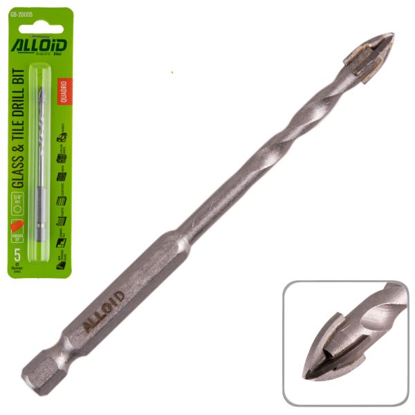 Сверло по стеклу и керамике QUADRO 8 мм, хвостовик HEX 1/4" , L=120mm Alloid
