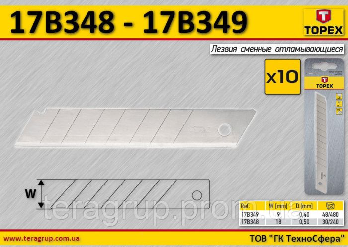 Лезвия сменные отламывающиеся для ножей 9 мм (набор 10 шт) Topex 17B349