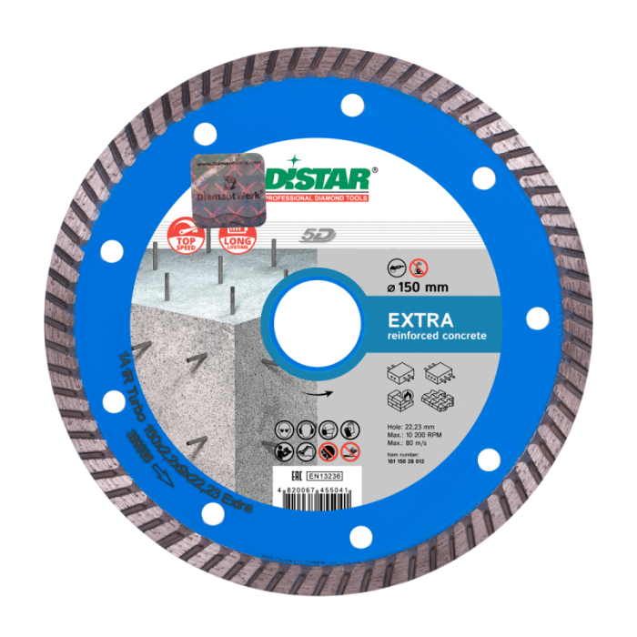 Круг алмазный отрезной EXTRA MAX 5D Turbo (бетон;армир.бетон;камень) 150х2,2х9; DISTAR