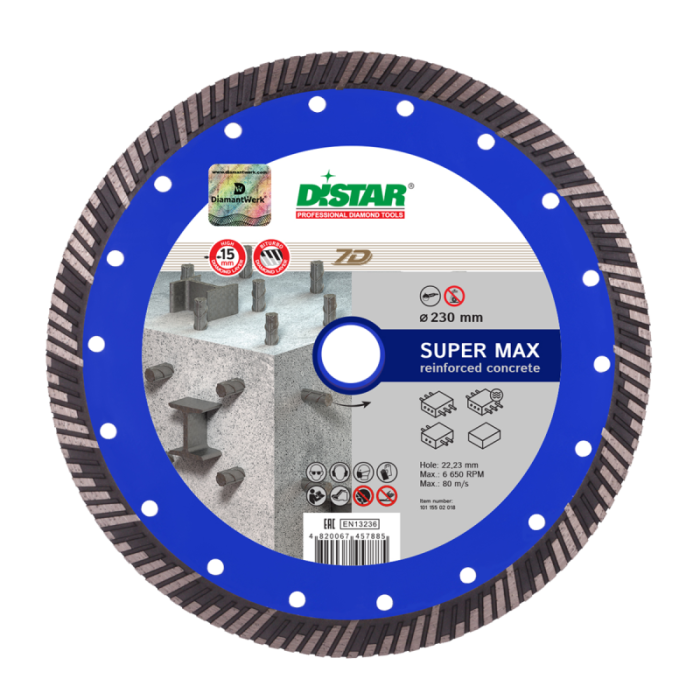 Круг алмазный отрезной SUPER MAX 7D Turbo (армир.бетон;бетон) 232х2,6х15; DISTAR