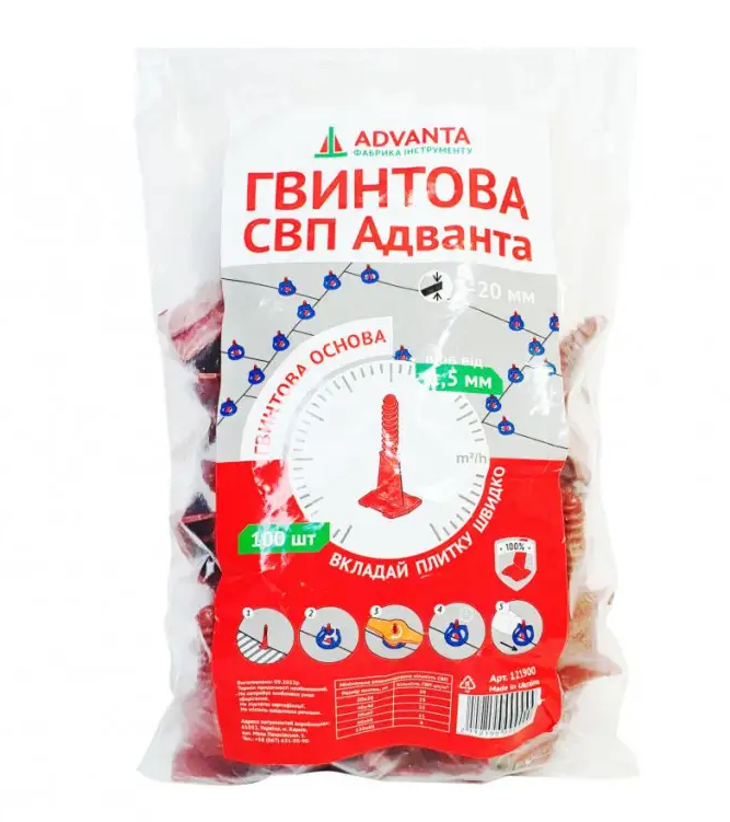 Винтовая СВП основание 1,5 мм для плитки толщиной 5-20 мм (100 шт) ADVANTA