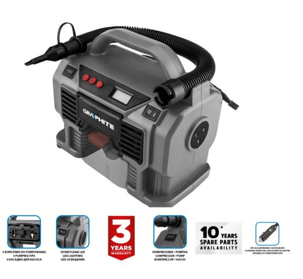 Компрессор, давление 11 бар/1100 кпа, шланг 790 мм, 12V, без АКБ Energy+ 18V  GRAPHITE 58GE113
