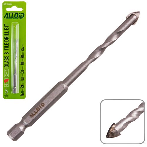 Сверло по стеклу и керамике 5 мм, хвостовик HEX 1/4" , L=95mm Alloid
